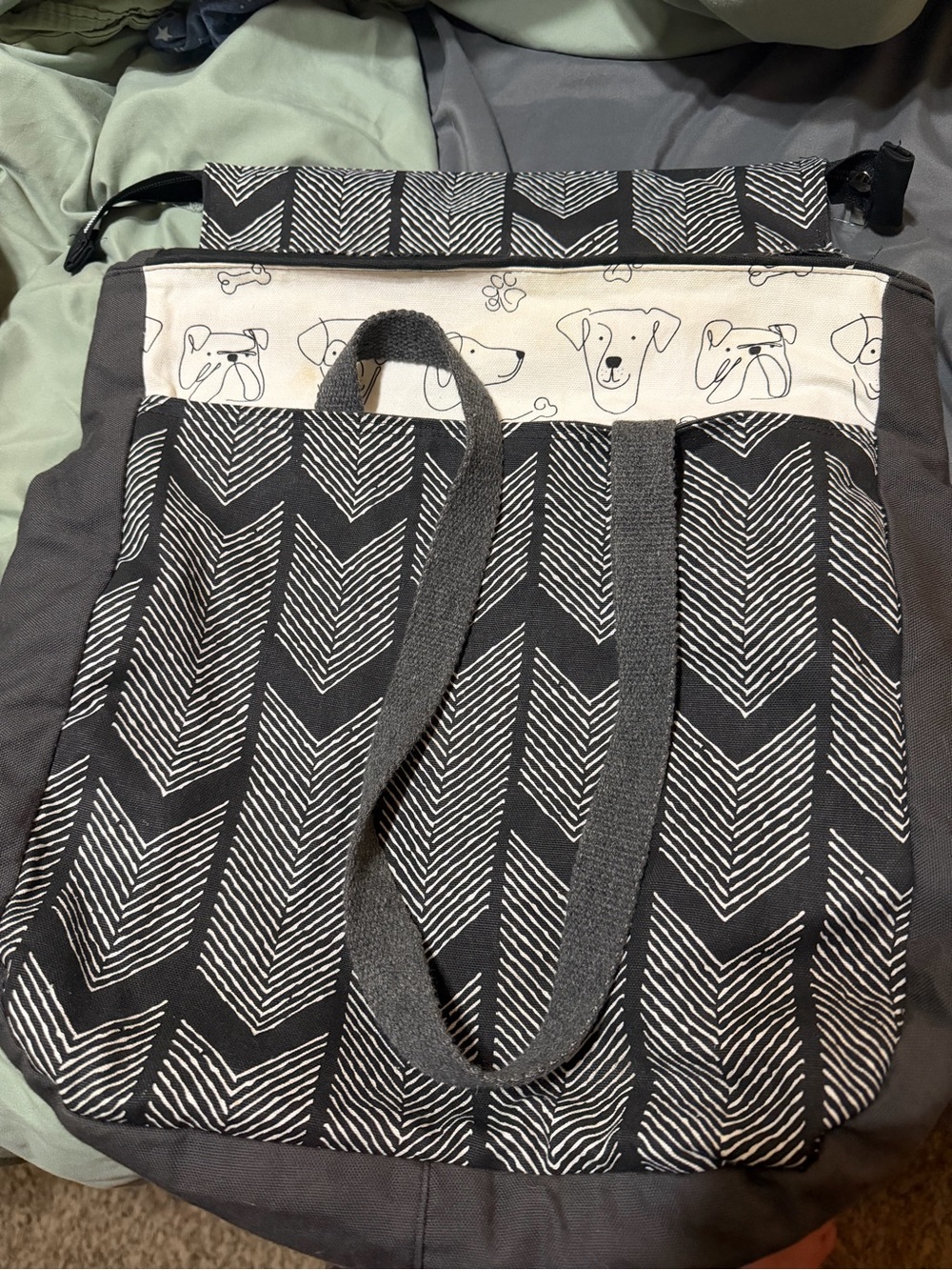 Grey & White Patterned Tote Bag with Dog Print Trim